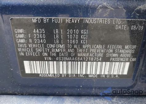 2010 Subaru Legacy 2.5I z USA, uszkodzony, nr VIN 4S3BMAA68A1218754